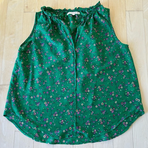 XiRENA Women’s Isabel Silk/cotton Ruffle Tank Top Color Green Grass Print Medium - Picture 5 of 15